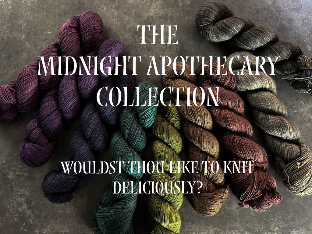 Yarn skeins on a dark background in various moody colors with text promoting 'The Midnight Apothecary Collection'.