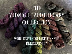 Yarn skeins on a dark background in various moody colors with text promoting 'The Midnight Apothecary Collection'.